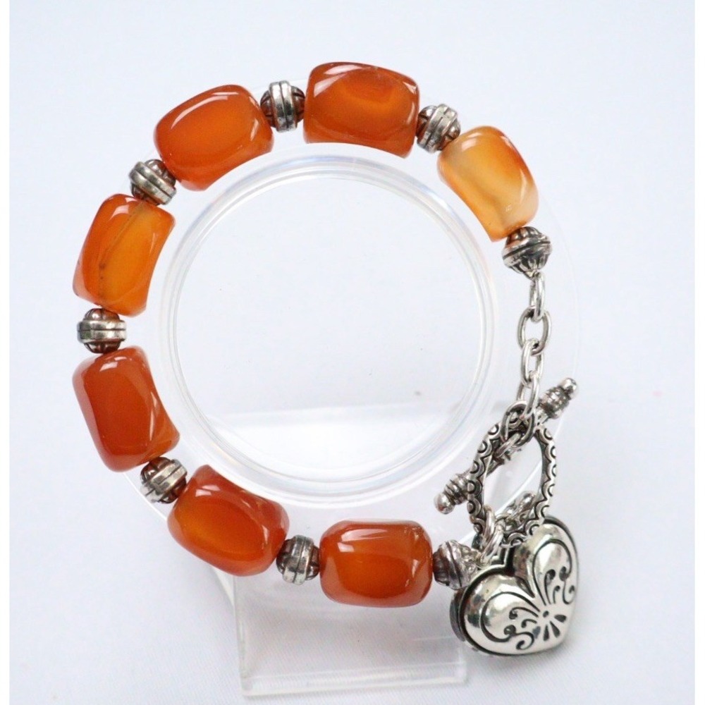 Brighton Bracelet Carnelian Stone Beads Silver Heart Toggle Clasp Women Jewelry